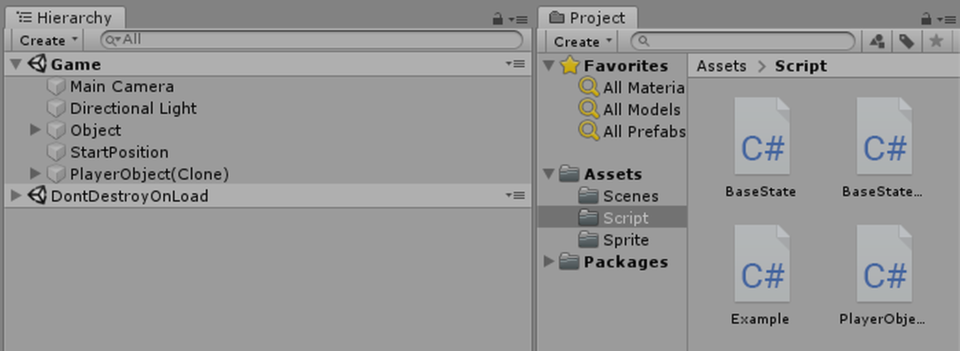 Hierarchy에 PlayerObject(Clone)가 있고 Project 창에 BaseState 계열 스크립트가 보이는 유니티 에디터 화면